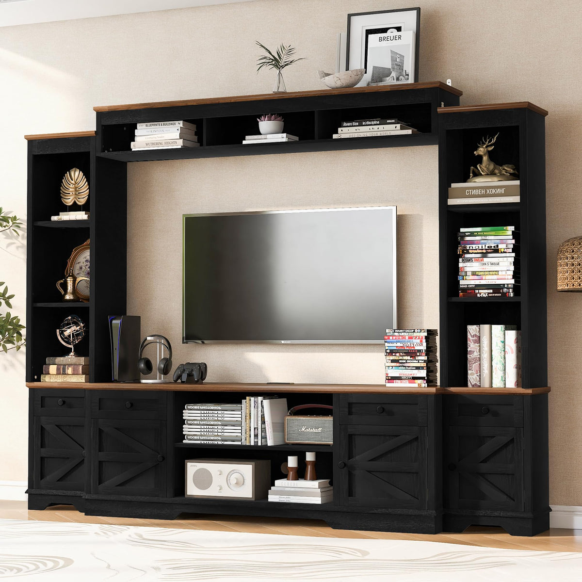 Merax 98.8" W Black Entertainment Center with Bookshelves for Living Room, Wooden Wall Unit TV Stand with Storage for TVs up to 80", Media Console with Drawers, Outlets, Cabinets & Adjustable Shelves