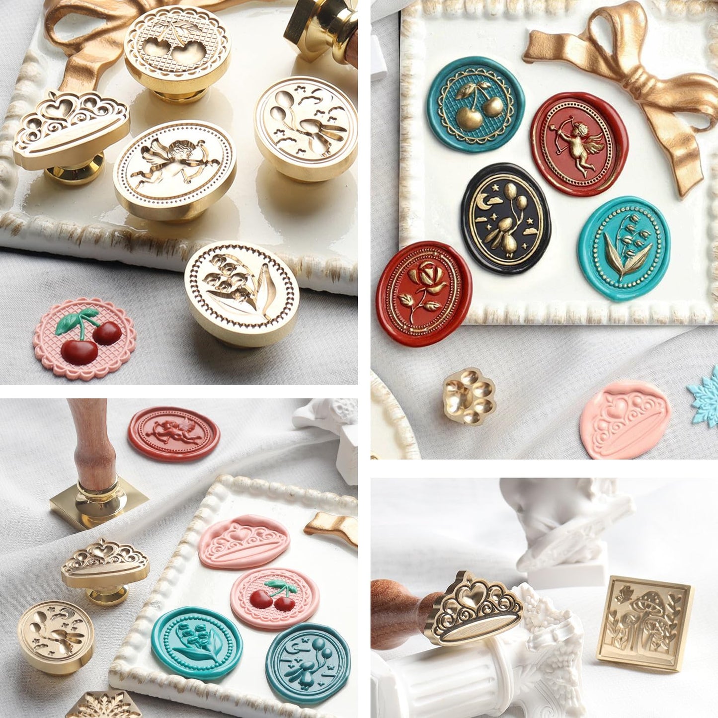 Wax Seal Electric Kit with 24 Colors Wax Seal Beads 600pcs, 3pcs (Cherry/Heart Crown/Lily of the valley) Stamps with Electric Warmer Set for Sealing Invitation, Christmas, Gift Wrapping (3D Stamp Kit)