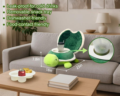 Couch Cup Holder Pillow Tray & Caddy,Headrest and Giant Turtle Stuffed Animal-For Sofa, Bed, Car，Camping, Double Smooth zippers for the shell, soft plush.Spill-Proof Machine Washable tray (23inches）