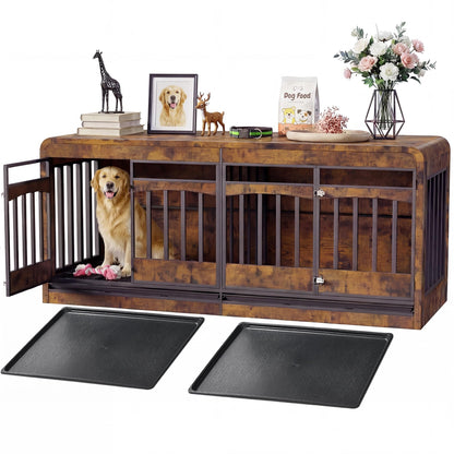 Homiflex 72" Double Dog Crate Furniture, Dog Crates for 2 Medium Large Dogs, Dog Cage TV Stand Side Table Wooden Indoor Dog Kennel with Removable Divider & Pull-Out Tray, Rustic Brown