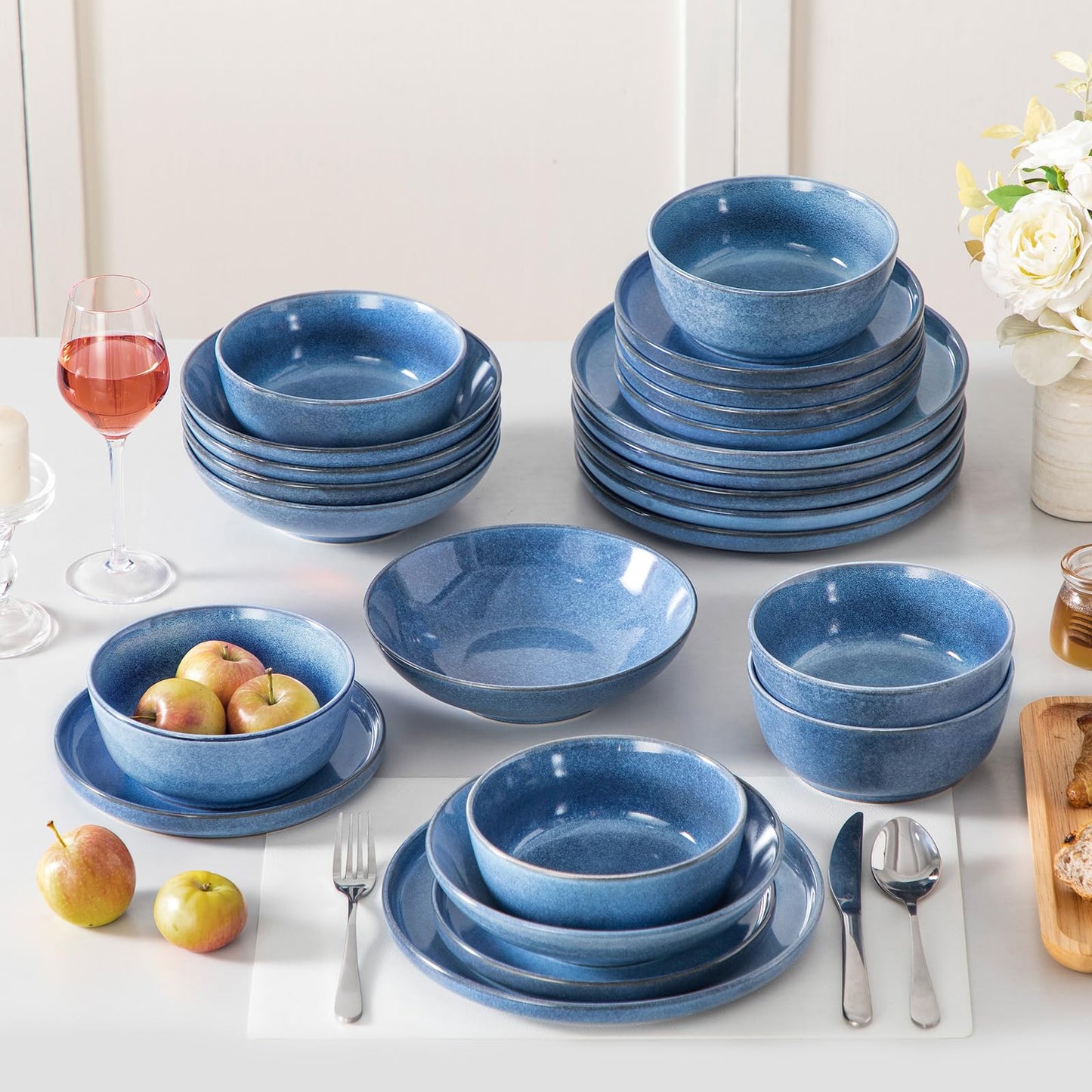vancasso ANYA 24 Pieces Plates and Bowls Set, Blue Dinnerware Sets, Reactive Glaze Dishes Set for 6, Ceramic Dishware Sets Kitchen Dinner Set, Microwave & Dishwasher Safe