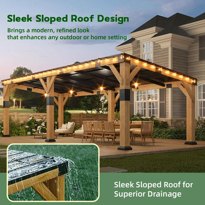GOHONEI10x22 ft Cedar Wood Gazebo with Sloped Galvanized Steel Roof, Hardtop Gazebo Pavilion with Durable, Rot-Resistant Construction, Permanent Outdoor Pergola for Backyard, Garden & Deck