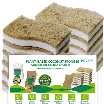 Sponges Kitchen Natural Dish Sponge Plant-Based Biodegradable Compostable Cellulose with Coconut Scrubber Sponge Non Scratch Eco Friendly Kitchen sponges for Kitchen Dishes（Pack of 12）