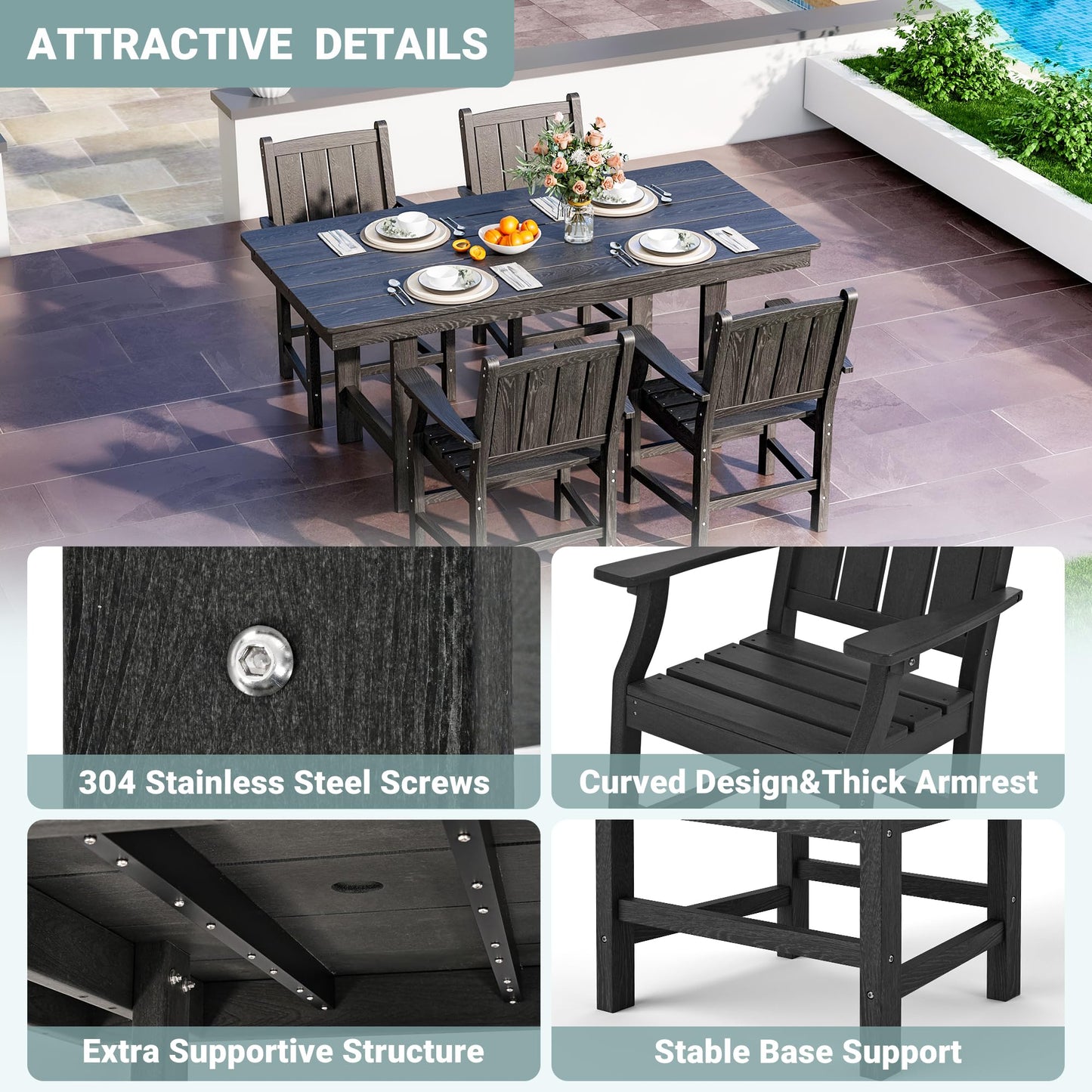 Pamapic 5-Piece Outdoor Dining Set, HDPE Outdoor Rectangular Table and 4 Chairs, Wood Grain Patio Furniture Sets with Armrest, All-Weather Patio Dining Table with Umbrella Hole, Black