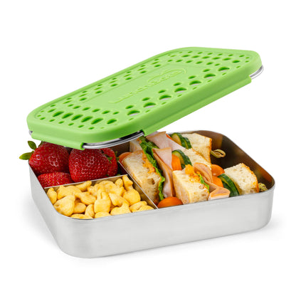 LunchBots Large Trio Stainless Steel Lunch Container -Three Section Design for Sandwich and Two Sides - Metal Bento Lunch Box - Eco-Friendly - Stainless Lid - Green Dots