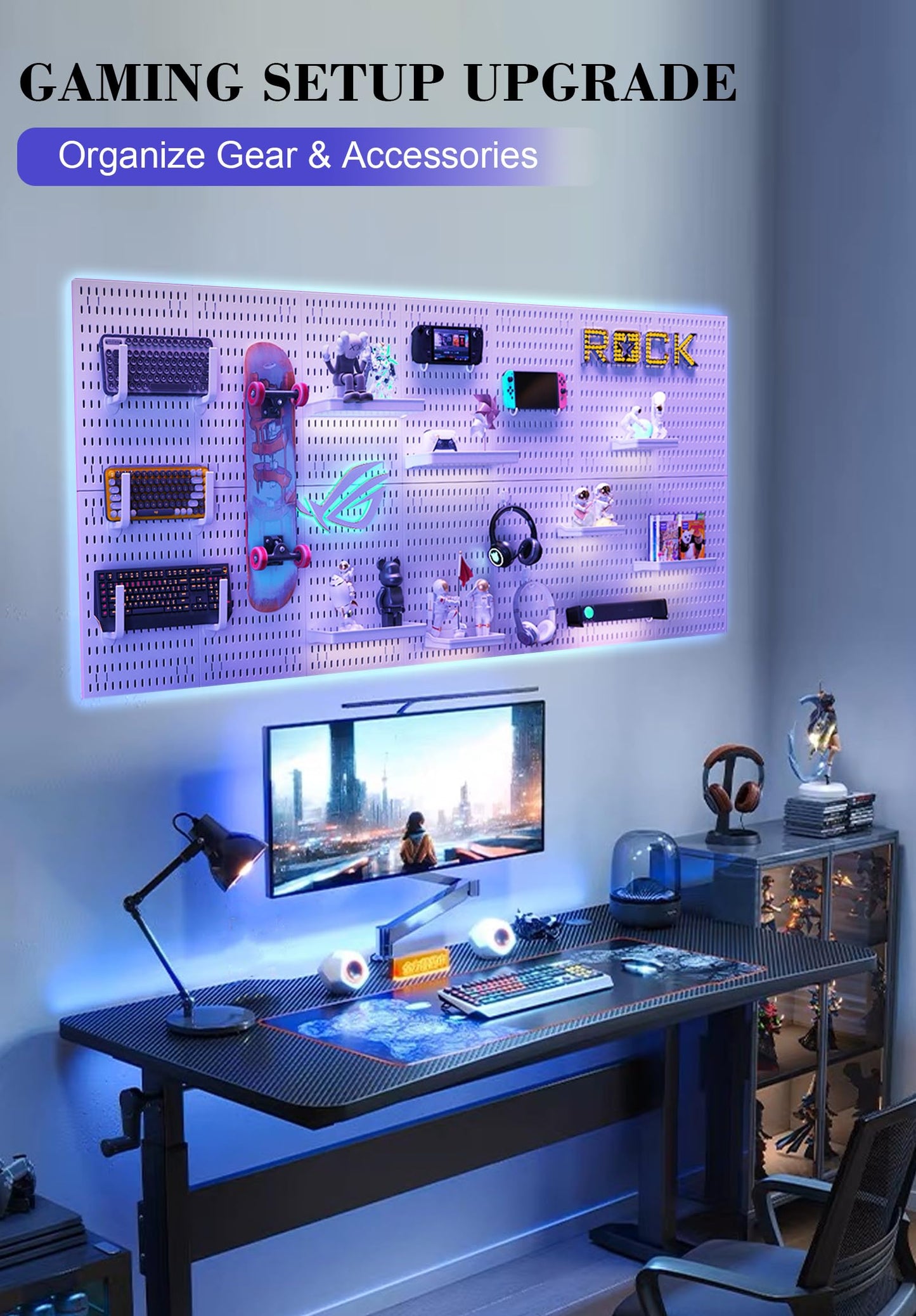Skwelom Pegboard Wall Organizer Set – 4 Peg Boards with Hooks & Shelves – Office, Kitchen, Gaming Room Desk Pegboard Storage – Peg Board Wall Display Rack (White)