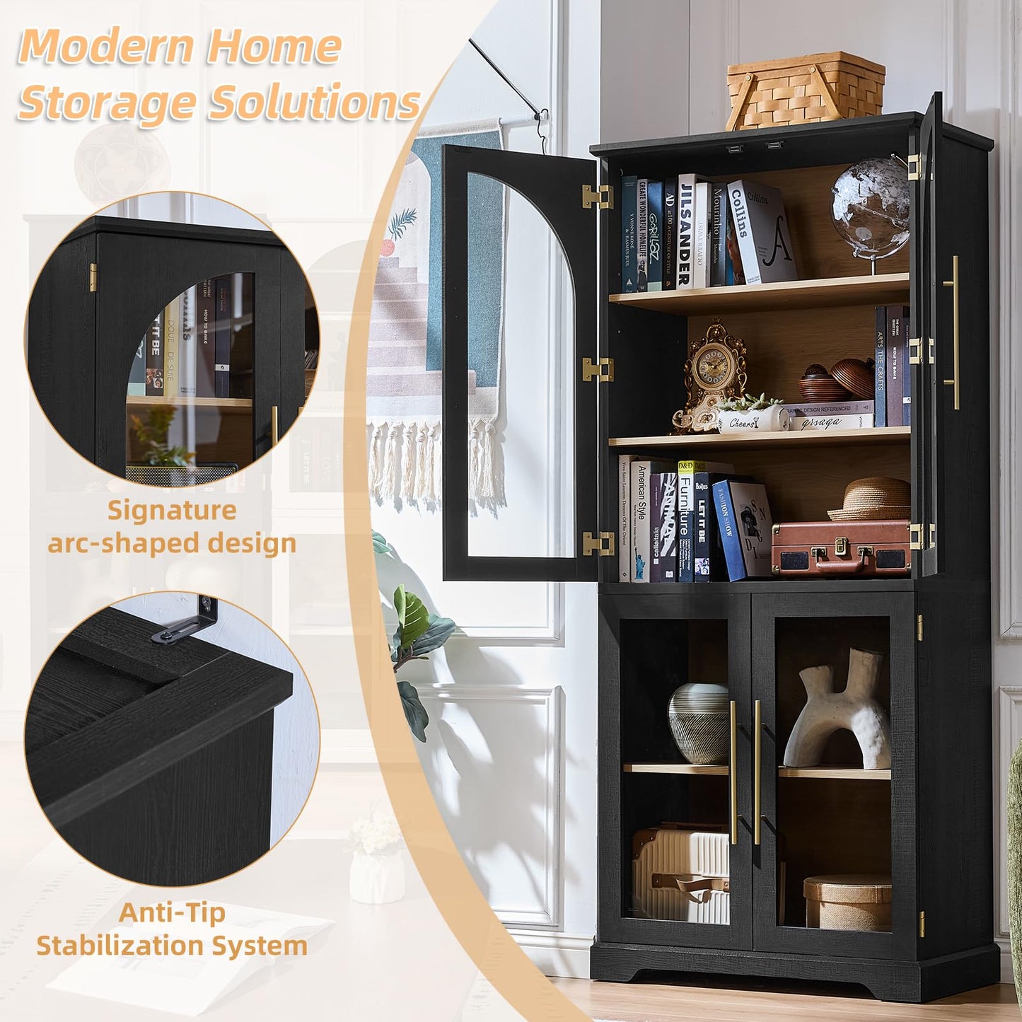 Joaxswe 72" Tall Bookshelf with 4 Curved Glass Doors, Farmhouse Bookcase with 3-Tier Adjustable Shelves, Modern Living Room Display Cabinet, Large Storage Cabinet for Home Office,Dining Room, Black