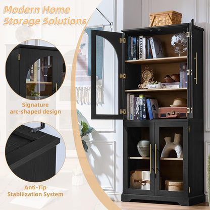 Joaxswe 72" Tall Bookshelf with 4 Curved Glass Doors, Farmhouse Bookcase with 3-Tier Adjustable Shelves, Modern Living Room Display Cabinet, Large Storage Cabinet for Home Office,Dining Room, Black