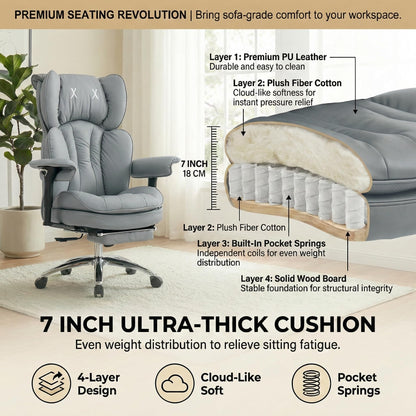 ATMILD Big and Tall Office Chair, 400lbs Heavy Duty Wide Seat Executive Chair with Footrest, High Back Leather Computer Desk Chair for Home Office (Grey)