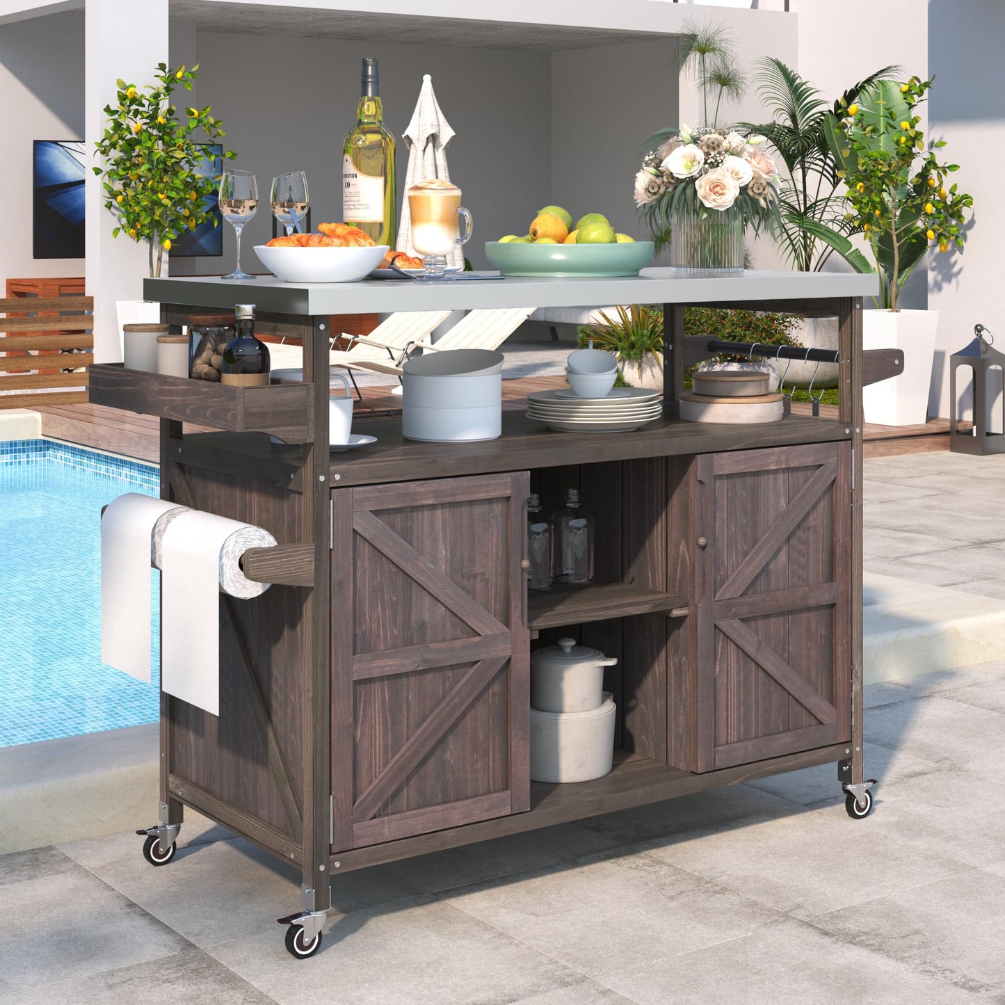 YOPTO Outdoor Kitchen Island Cart with Internal Storage Racks,Solid Wood Outdoor Grill Table W/Stainless Steel Top,4 Secure Locking Wheels,4 Hangers and Bottle Opener for Kitchen & BBQ,Dark Brown