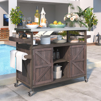 Merax 50" Outdoor Kitchen Grill Cart Island on Wheels with Stainless Steel Top,Farmhouse Style Solid Wood Frame Storage Cabinet for Backyard