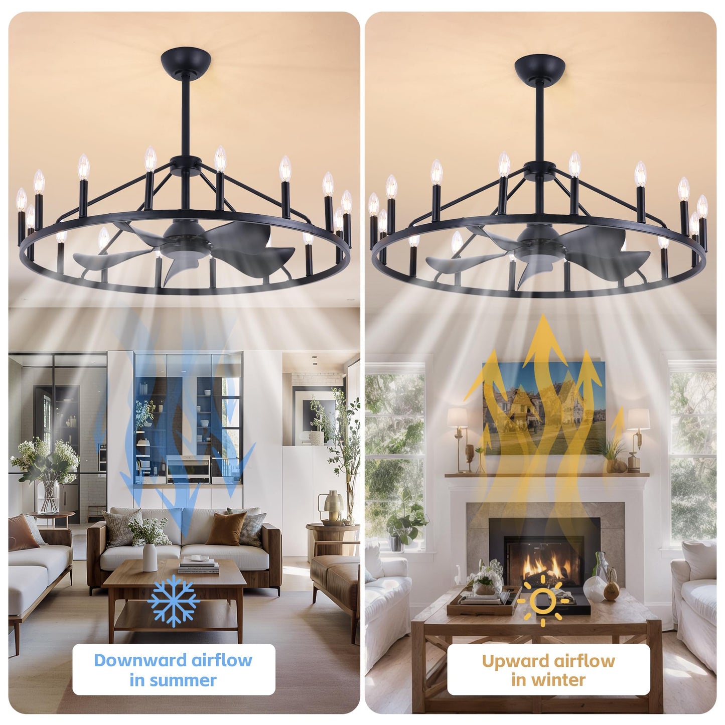 COCOSTAR 44" Black Wagon Wheel Chandelier Farmhouse Ceiling Fan with Light and Remote,16-Lights Large Fandelier with Candle,Rustic Big Light Fixture for Living Room Kichen Dining Room