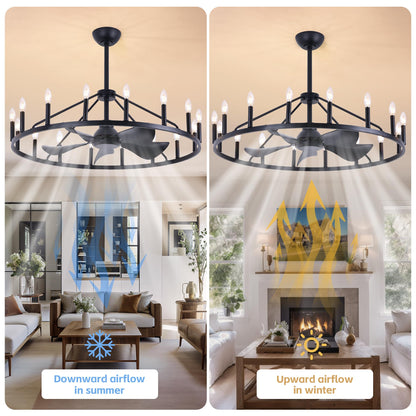 COCOSTAR 44" Black Wagon Wheel Chandelier Farmhouse Ceiling Fan with Light and Remote,16-Lights Large Fandelier with Candle,Rustic Big Light Fixture for Living Room Kichen Dining Room