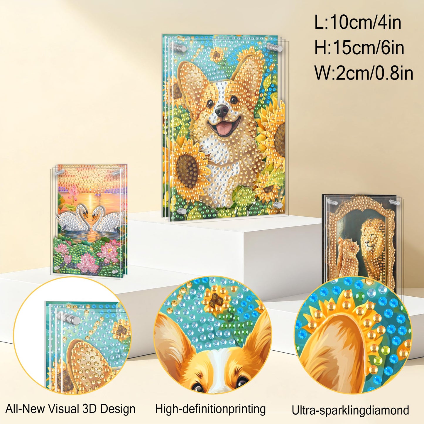 Ginfonr DIY Acrylayers Diamond Art Painting Kit for Adults, Dog 4-Layer Acrylic Magnetic Diamond Painting Stand Up Tabletop Decor with Dynamic Depth Effect, Home Christmas Gift 4x6 inch