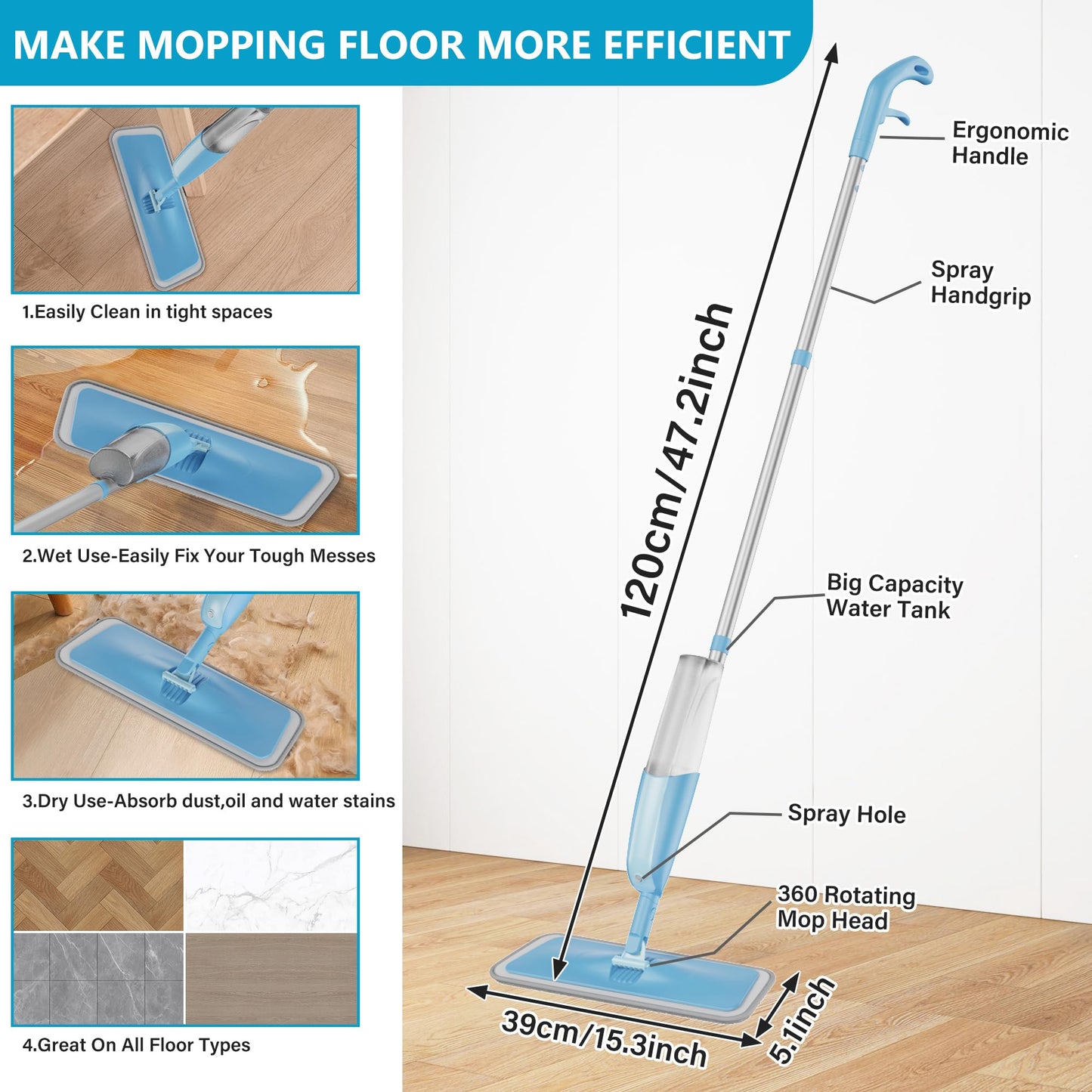 Spray Wet Mops for Hardwood Floor Cleaning: MEXERRIS Floor Mop with 3 Washable Pads for Swiffer Powermop - Refillable Dust Dry Mop Home Commercial Mops for Wood Laminate Ceramic Tiles Vinyl