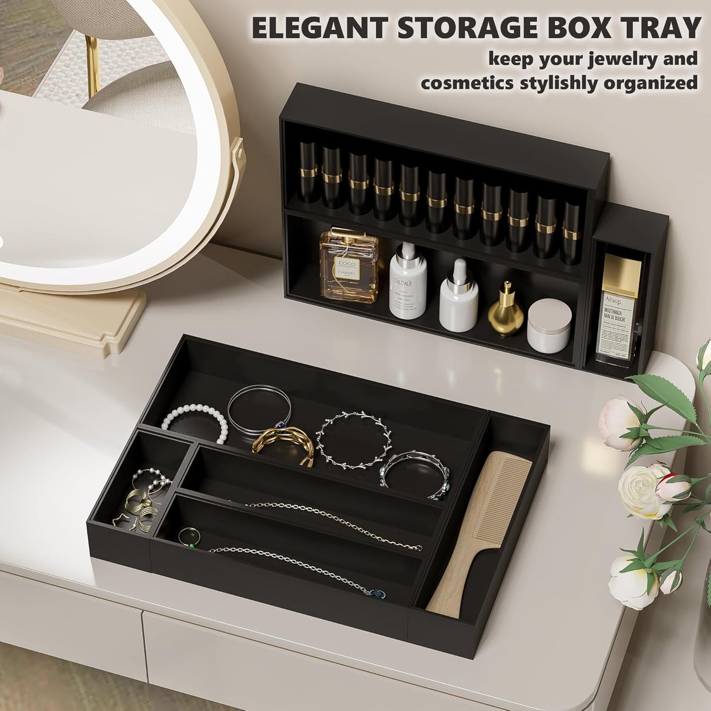 Black Bamboo Kitchen Drawer Organizer Bins for Silverware, Utensils, Cutlery, Stackable Storage