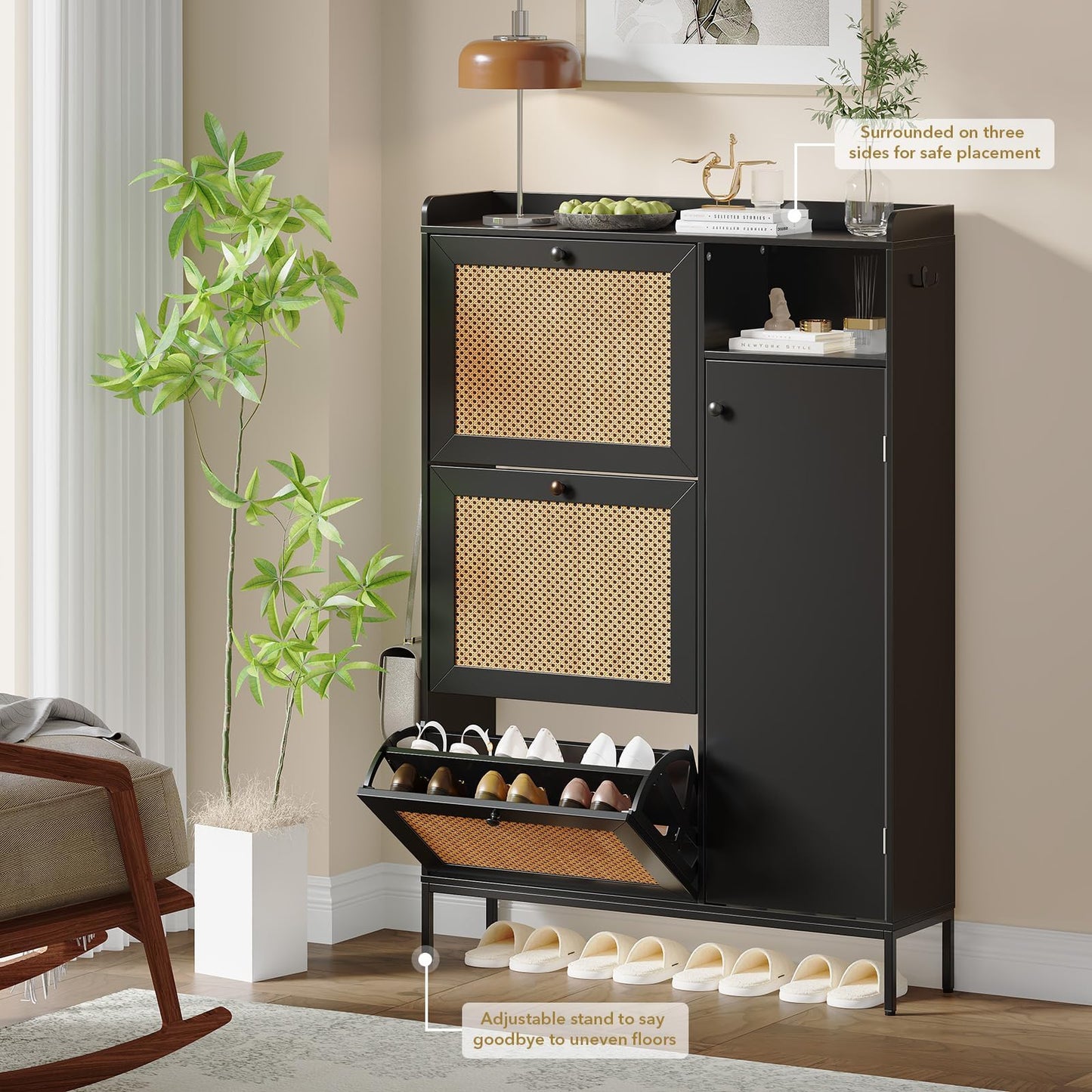 Shoe Storage Cabinet with 3 Flip-Down Doors, Rattan & Metal Frame Organizer, Adjustable Shelves, Narrow Freestanding Rack for Entryway Hallway, Tool-Free Assembly, Modern Farmhouse Decor, Black