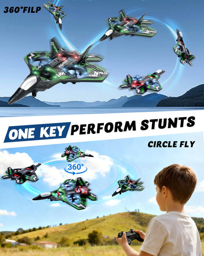 JoyRapt Form RC Plane Drones for Kids, Remote Control Airplane, Aircrafts for Boys and Girls, Jet Helicopter Drones with LED Lights 360° Flip, 2 Rechargeable Batteries (Green)