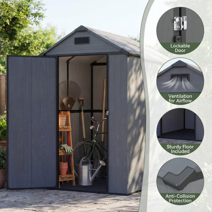 Patiowell 4x6 FT Plastic Outdoor Storage Shed with Floor, Resin Outside Shed with Lockable Door and Vents, Garden Sheds for Backyard, Patio, Lawn Mower, Dark Grey