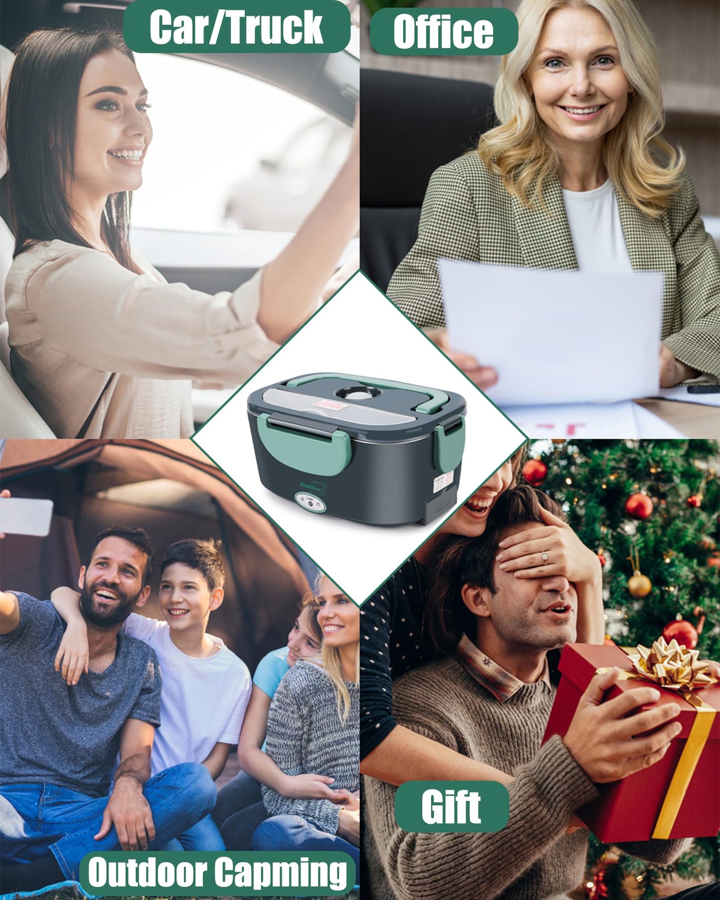 Buddew Electric Lunch Box 80W Food Heater with Dual Container, Portable Lunch Warmer for Adults, Upgraded Heated Lunch Box for Car/Truck/Office (GREEN-Dual Container)