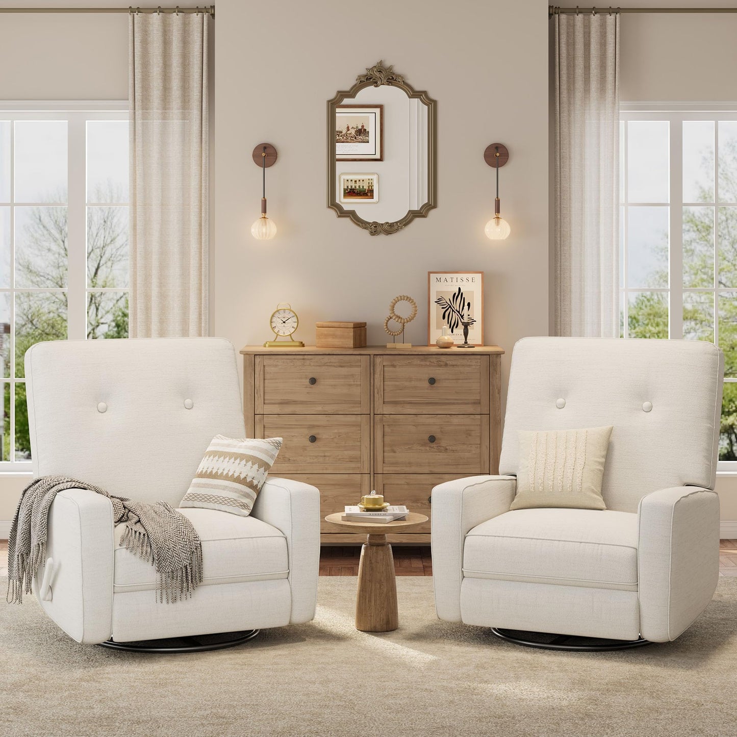 GarveeHome Recliner Chairs, Swivel Rocker Recliner, Glider Recliner Nursery Chair, Recliner Chair for Adults, 360°Swivel Glider Rocking Chair for Living Room, Bedroom, Office, Linen, White