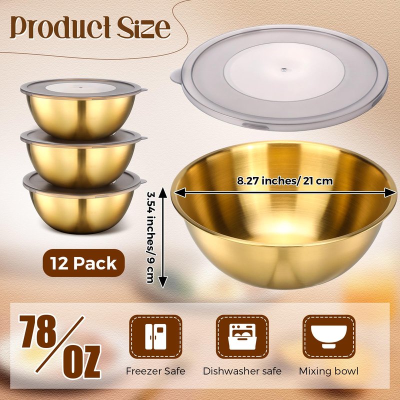 Nuogo 12 Pack 8.27 Inches Gold Stainless Steel Mixing Bowls with Airtight Lids Stackable Metal Serving Esthetician Facial Bowls for Salad, Fruit, Soup & Kitchen Prep