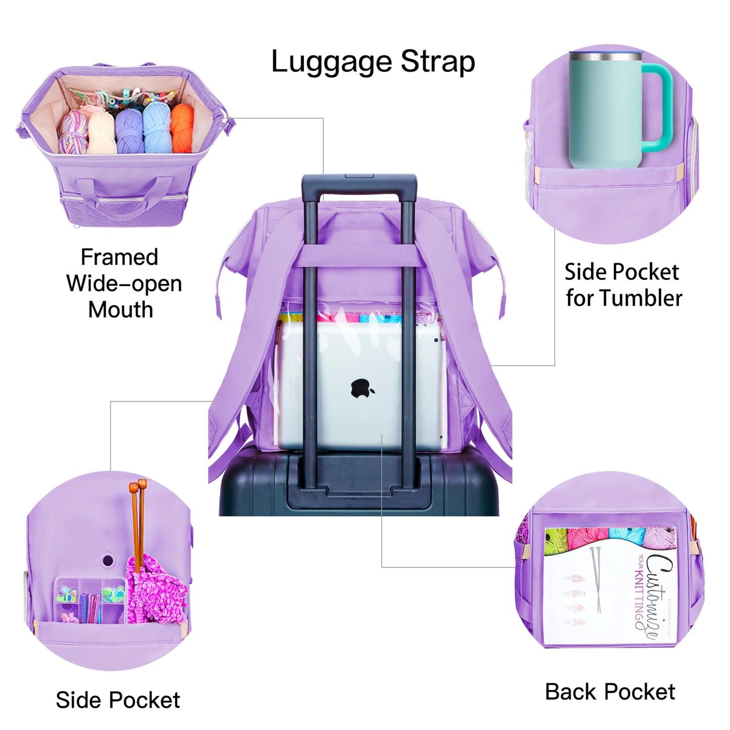 Leudes Knitting Bag Backpack,Yarn Storage Organizer Large Crochet Bag Tote Christmas Gift Yarn Holder Case for Carrying Projects,Knitting Needles (Purple)