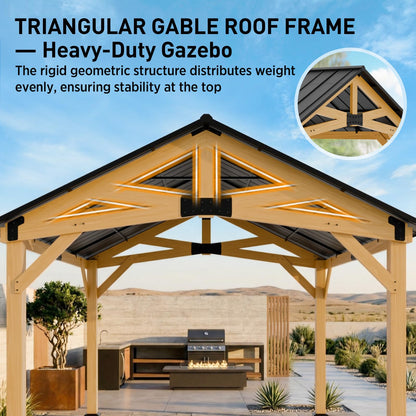 EAGLE PEAK 13x15 Hardtop Gazebo, Exposed Beam Rustic Gazebo, Galvanized Steel Gable Roof with Cedar Wood Frame, Outdoor Pavilion for Patio, Deck, Lawn and Garden Natural Wood/Black