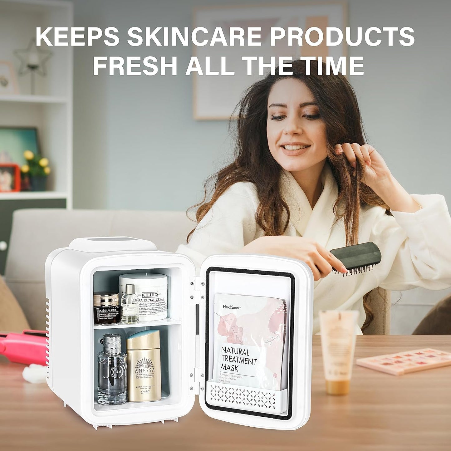 Simple Deluxe Portable Mini Fridge, 4L/6 Can Cooler and Warmer Compact Refrigerator for Skincare, White