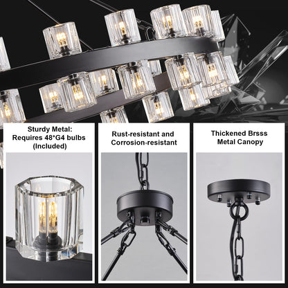 Plsintly 48 Inch Black Wagon Wheel Chandelier with Crystal Shade, Crystal Chandelier, Modern Farmhouse Style, Ideal for Dining Room, Kitchen, Entryways,48 Lights (Bulbs Included)