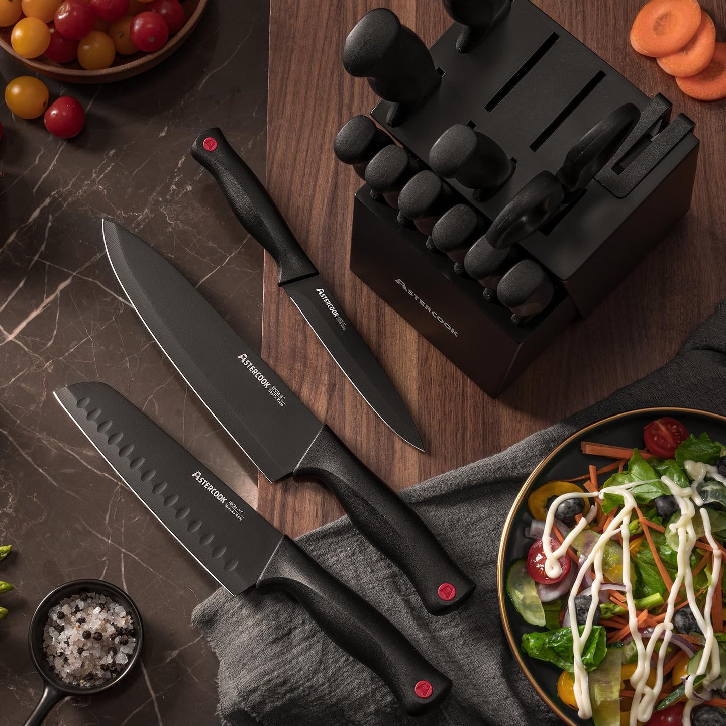Knife Set, Astercook 15 Pieces Knife Sets for Kitchen with Block, Dishwasher Safe Kitchen Knife Set with Built in Sharpener Block, German Stainless Steel Knife Block Set, Mothers Day Gifts for Women