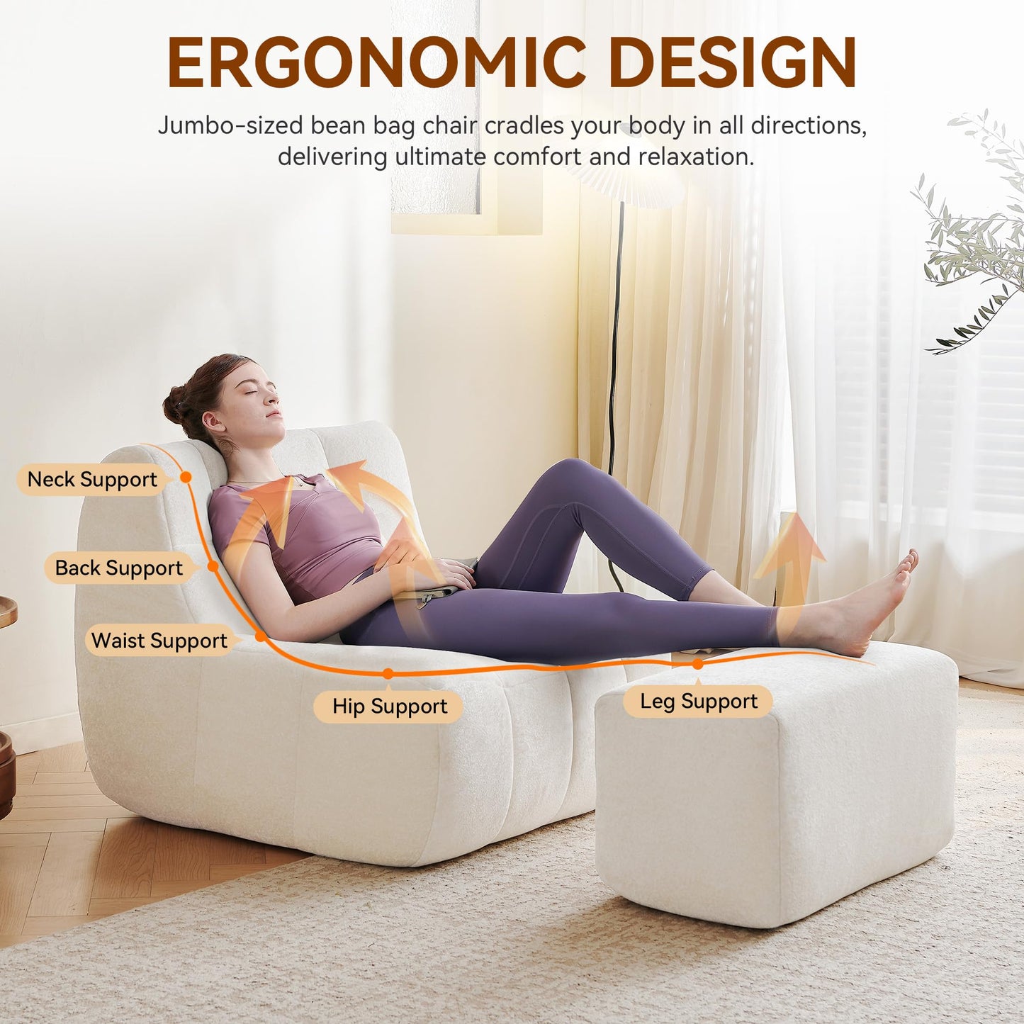 Bean Bag Chair With Footrest,Integrated Sponge Lounge Chair,Comfortable Bean Bag Sofa with Backrest, Faux FurBeanBagChair forAdultsandKids, Ideal for Bedrooms,Living Rooms,and Apartments(White)