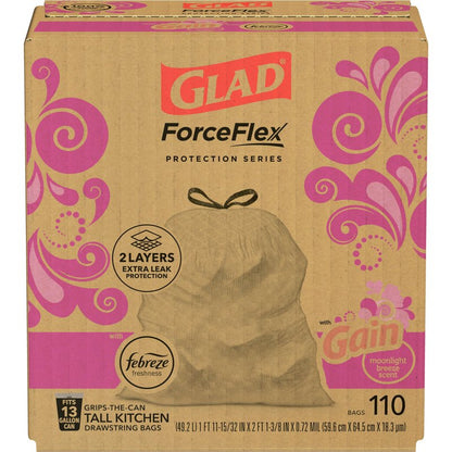 Glad ForceFlex Tall Kitchen Trash Bags, 13 Gal, Gain Moonlight Breeze, 110 Ct, Pack May Vary