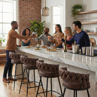 YOUNUOKE 360° Swivel Bar Stools Set of 2, 28 inch Seat Height Barstools with Woven Low Back, Metal Straight Legs with Footrest, Fabric Bar Stool for Kitchen Island, Bar & Pub (2 PCS, Dark Brown)