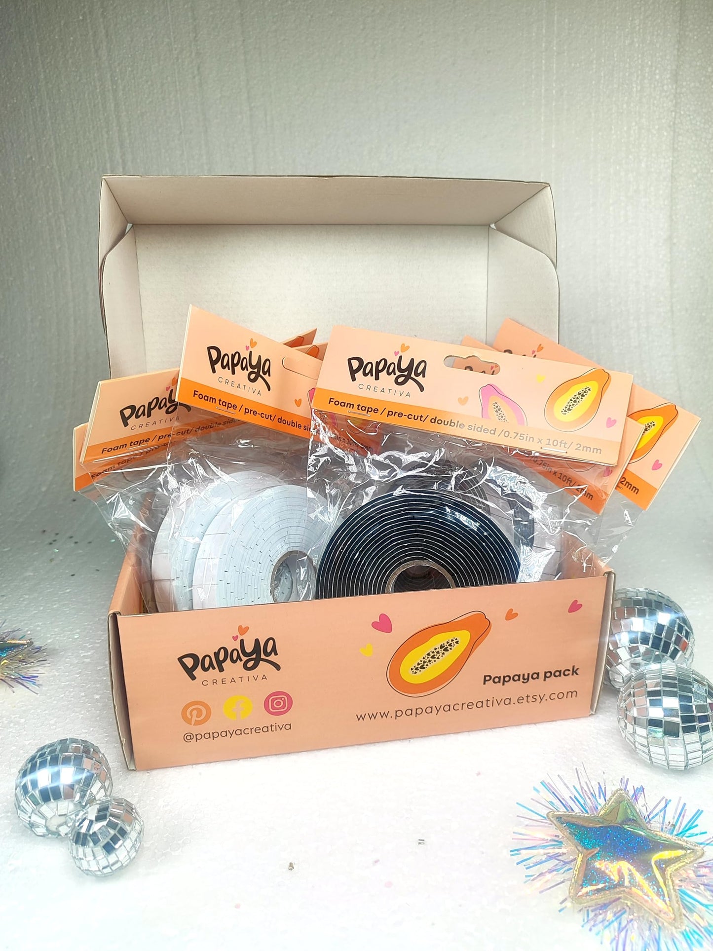 Papaya Pack Pre-Cut Double Sided Foam Tape, 0.75 Inch x 10 Feet, 2mm (Black&White)