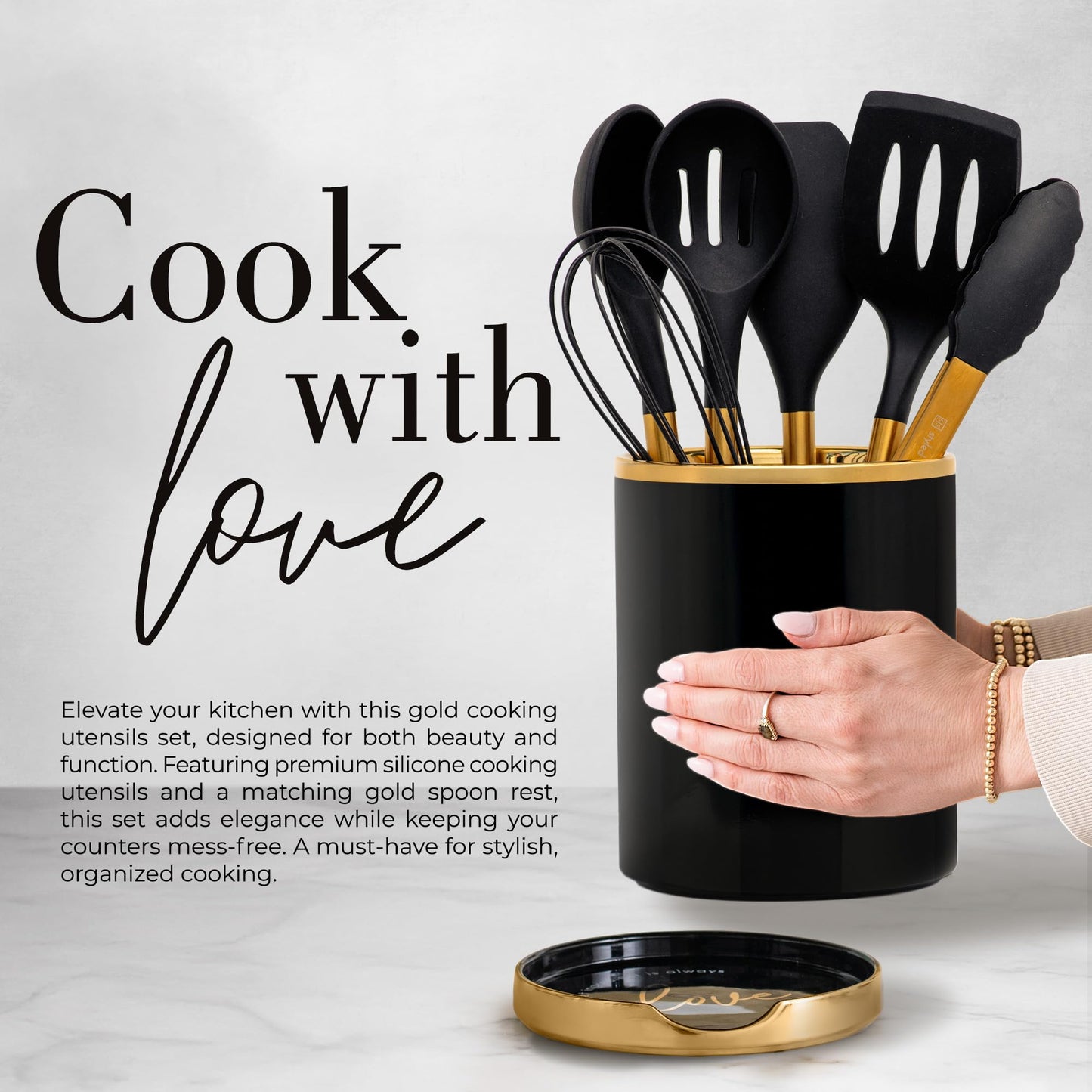 STYLED SETTINGS Black and Gold Kitchen Utensils Set – 8 Piece Silicone Cooking Utensils with Gold Handles, Black Ceramic Utensil Holder & Spoon Rest – Heat Resistant, Nonstick Safe, Sleek Storage