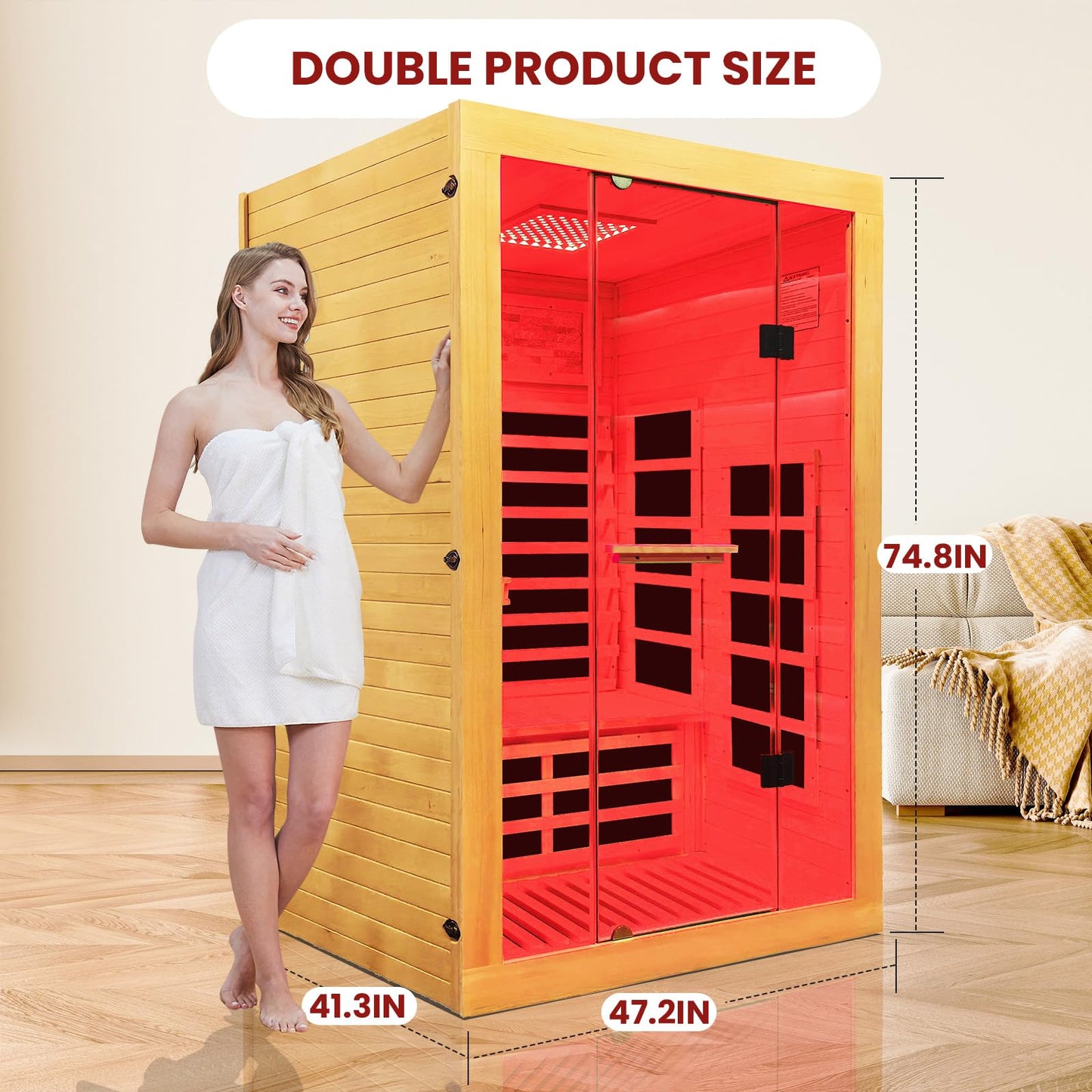 OUTEXER Infrared Sauna 2000W Wooden Saunas Home Spa Room Canadian Hemlock Wood Low-EMF Indoor Saunas with with Red Light Beauty Lamp for Two Person 74.8 * 47.2 * 41.3Inch