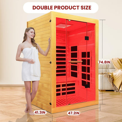 OUTEXER Infrared Sauna 2000W Wooden Saunas Home Spa Room Canadian Hemlock Wood Low-EMF Indoor Saunas with with Red Light Beauty Lamp for Two Person 74.8 * 47.2 * 41.3Inch