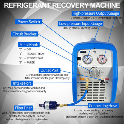 P PBAUTOS 1HP Dual Cylinder Refrigerant Recovery Machine, 110V-120V 60Hz Portable Oil-less Freon Recycling Unit for Both Liquid and Vapor Refrigerant, for Automotive A/C System, Household HVAC System