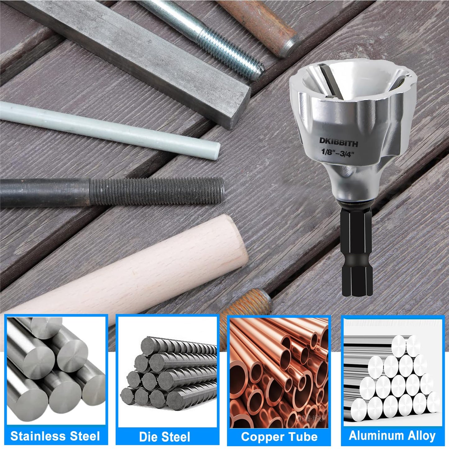 DKIBBITH Heavy-Duty Deburring Chamfer Tool with Sharp Tungsten Carbide Blades, Fast Hex Shank Deburr, External Burr Removal for Metal Rod Bolt Pipe 3D Printing PVC in 1/8" to 3/4" Diameter (3~19mm)