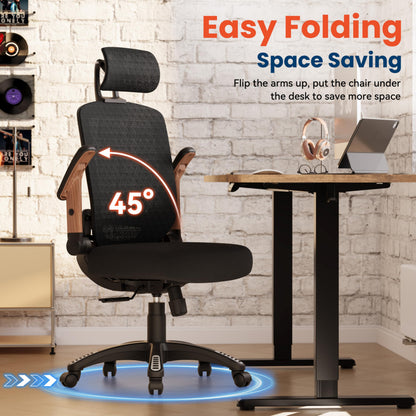 GABRYLLY Ergonomic Office Chair, High Back Home Desk Chair with Flip-Up Arms, 3D Headrest, Thick Sponge Seat &90-120° Recline, Big and Tall Mesh Executive Chairs for Man Woman, Black Woodgrain