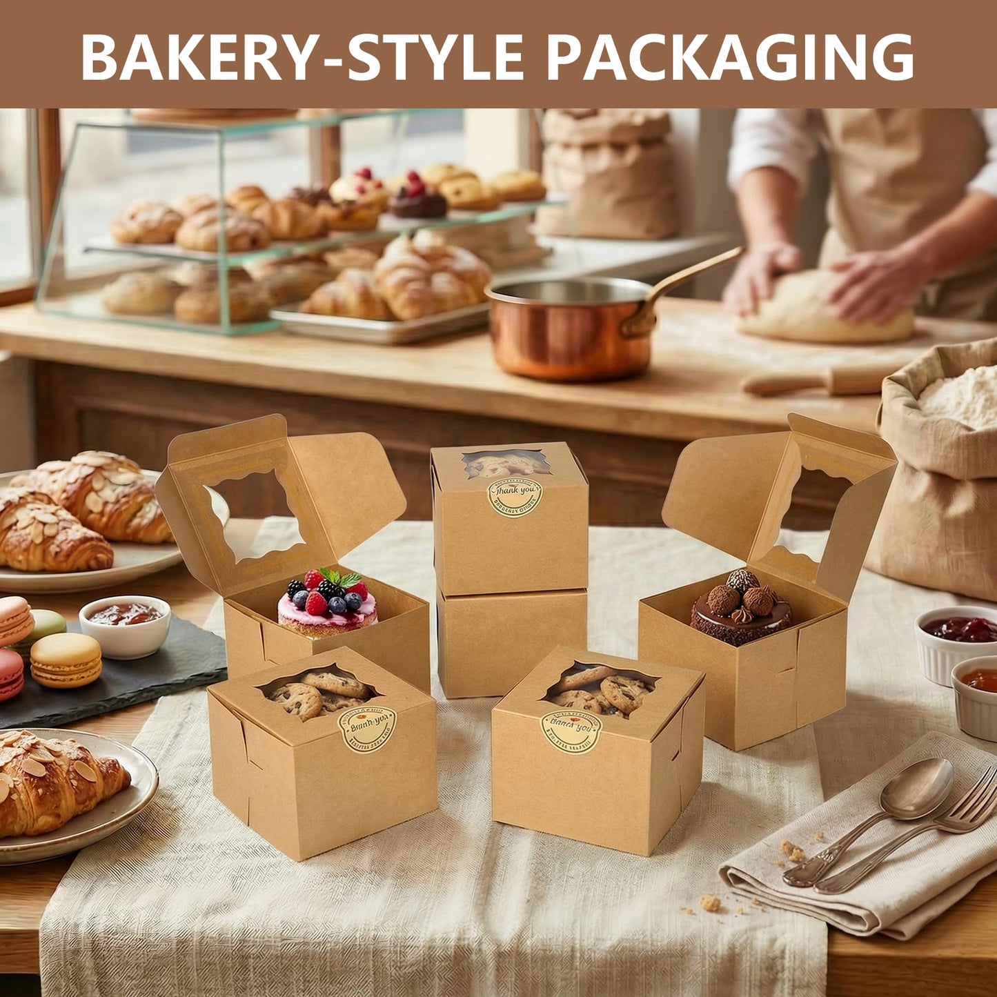 TAOUNOA 80 Pack 4x4x2.5 Inch Cookie Boxes with Window, Kraft Bakery Boxes for Cupcakes, Desserts Treats, Clear View Eco-Friendly Gift Packaging for Baked Goods Party (Brown, 20 pcs Easy to Secure)