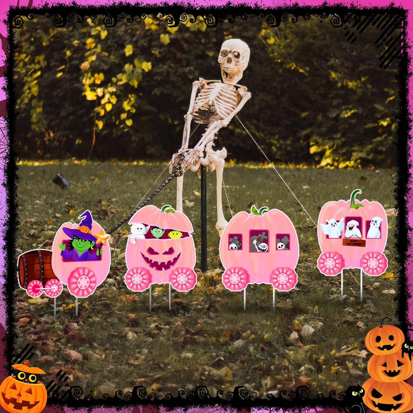 Shellwei 4 Pcs Thanksgiving Pumpkin Yard Outdoor Decor Skeleton Train Yard Signs Autumn Harvest Decorations for Lawn Outdoor Garden Farmhouse Home Thanksgiving Party Decor(Pumpkin,Pink)