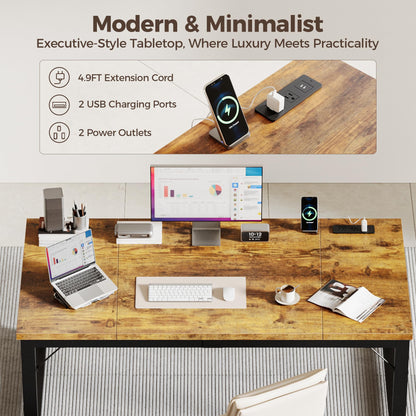 Mericonia 63 Inch Large Computer Desk with Power Outlets, 1.2" Thick Heavy Duty Industrial Office Desk, Modern Simple Study Writing Table for Home Office Bedroom Workstation, Brown
