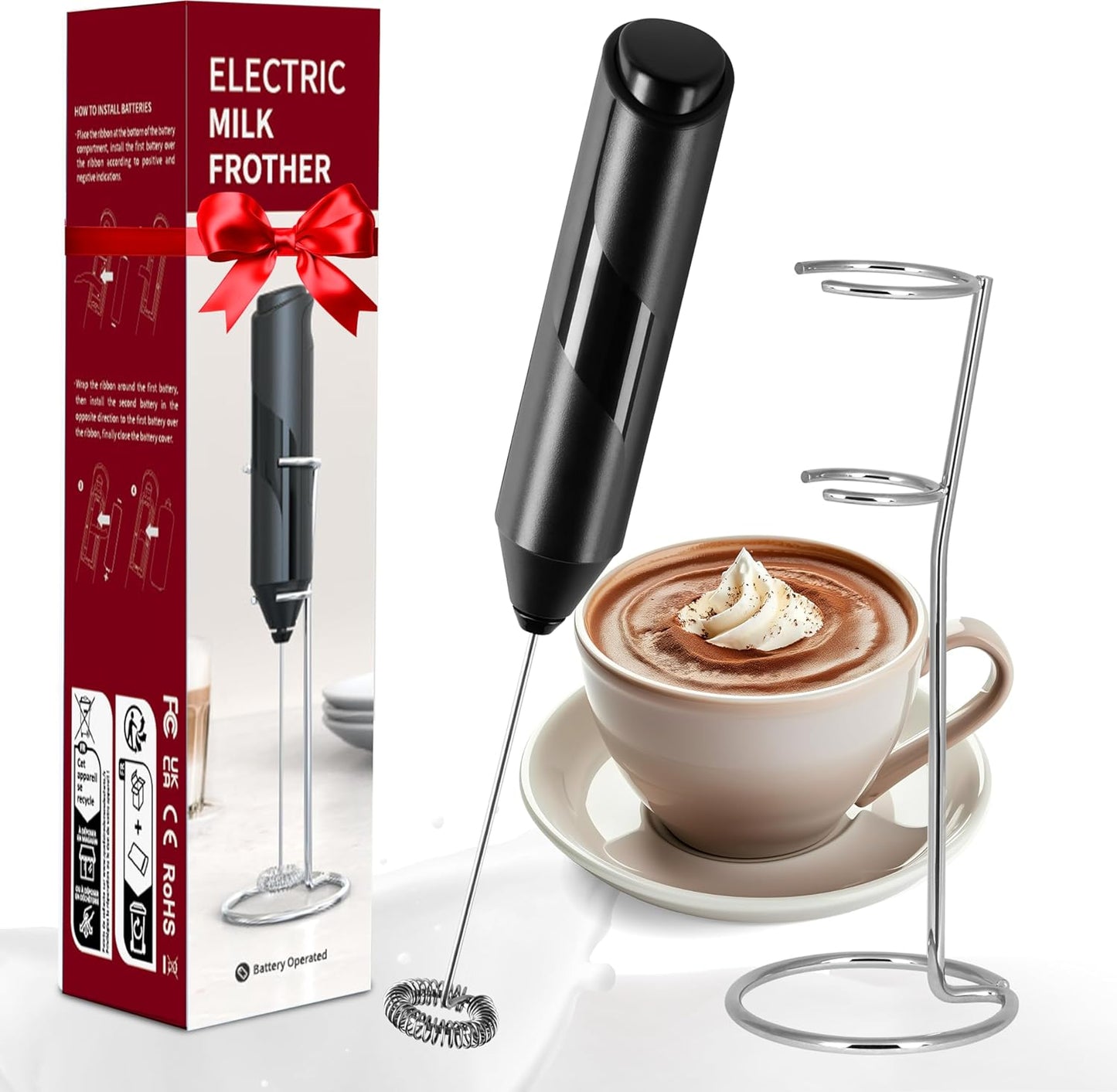 YSSOA Electric Milk Frother Handheld with Stainless Steel Stand, Battery Operated Whisk Mixer for Coffee, Frappe,