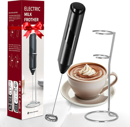 YSSOA Electric Milk Frother Handheld with Stainless Steel Stand, Battery Operated Whisk Mixer for Coffee, Frappe,