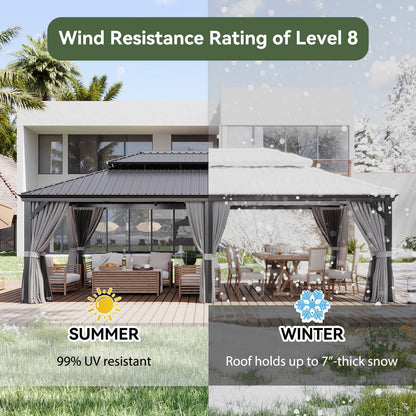 Aoxun 14' X 24' Hardtop Gazebo with Drainage System, Aluminum Outdoor Gazebo with Galvanized Steel Double Roof, Patio Permanent Metal Pavilion with Netting, for Garden, Deckyard, Grey