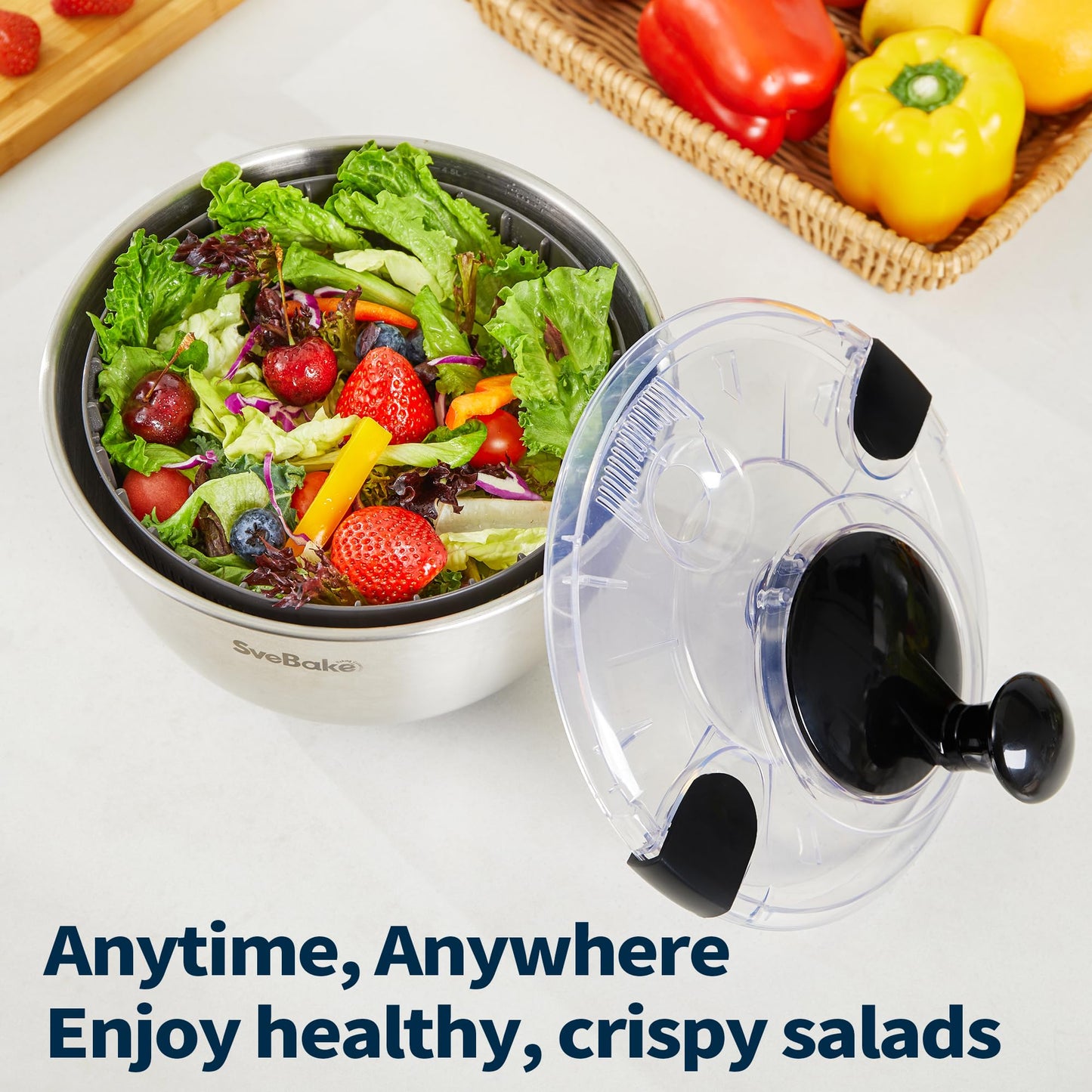 SveBake Stainless Steel Salad Spinner, 4.8 Qt Vegetable Washer, BPA-Free Lettuce Dryer with Crank Design, Dishwasher Safe, Non-Slip Base - Transparent Lid