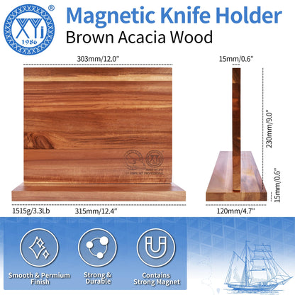 XYJ Authentic Since 1986, Magnetic Knife Block, Double Side Kitchen Knife Stand, Acacia Wood, Magnetic Knife Holder with Strong Enhanced Magnets,Knives Storage Rack Stand for Home Kitchen