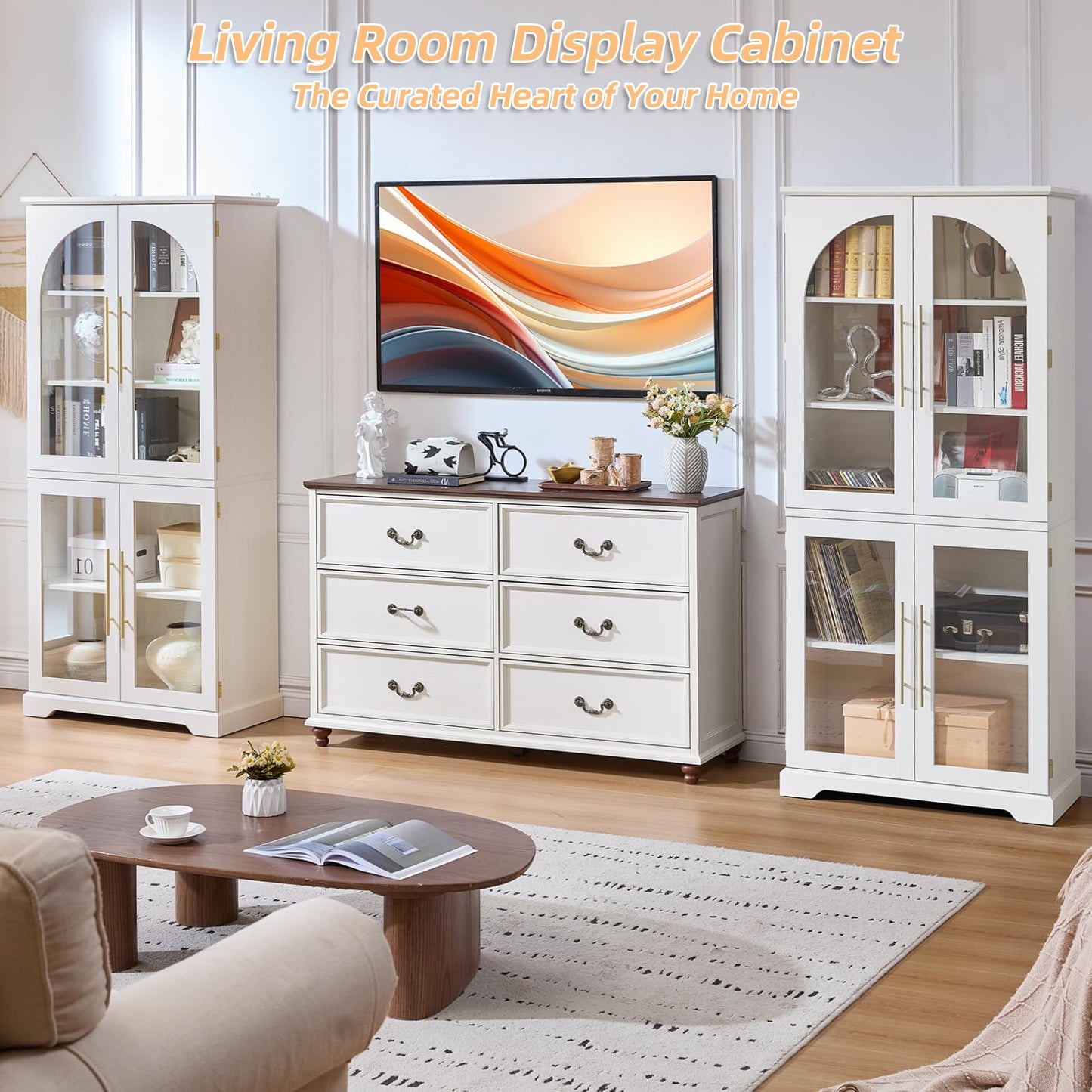 Joaxswe 72" Tall Bookshelf with 4 Curved Glass Doors, Farmhouse Bookcase with 3-Tier Adjustable Shelves, Modern Living Room Display Cabinet, Large Storage Cabinet for Home Office,Dining Room, White